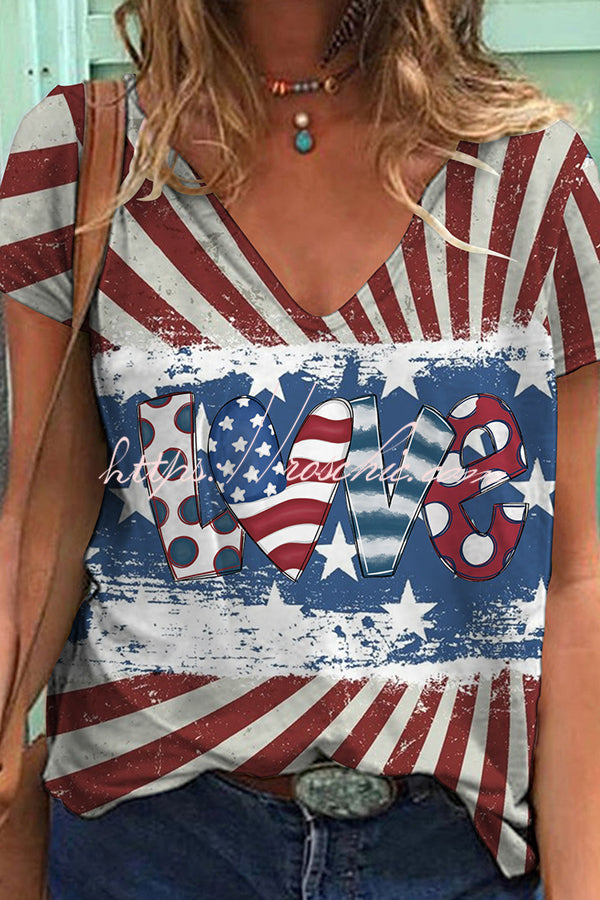 Independence Day Printed V Neck Short Sleeve T-Shirt