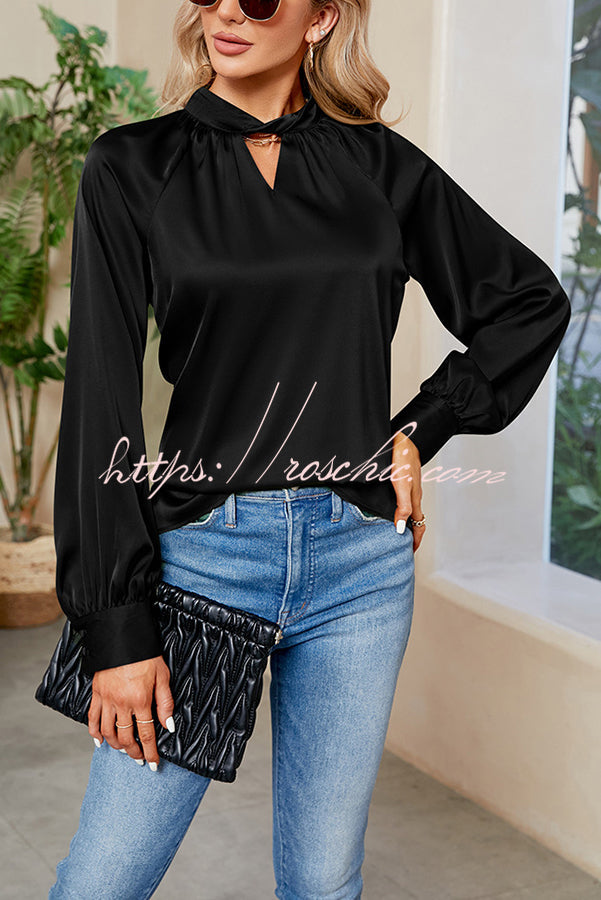 Vip Flight Plans Satin Twist Cut Out Neck Blouse