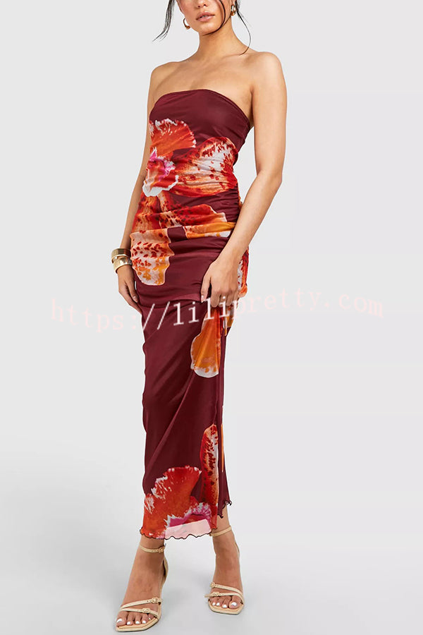 Oh So Sunny Mesh Floral Print Bandeau Stretch Maxi Dress - Fashionpara