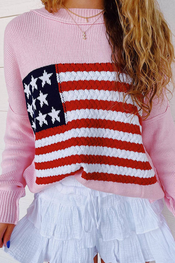 Independence Day Patchwork Long Sleeved Crew Neck Knitted Sweater