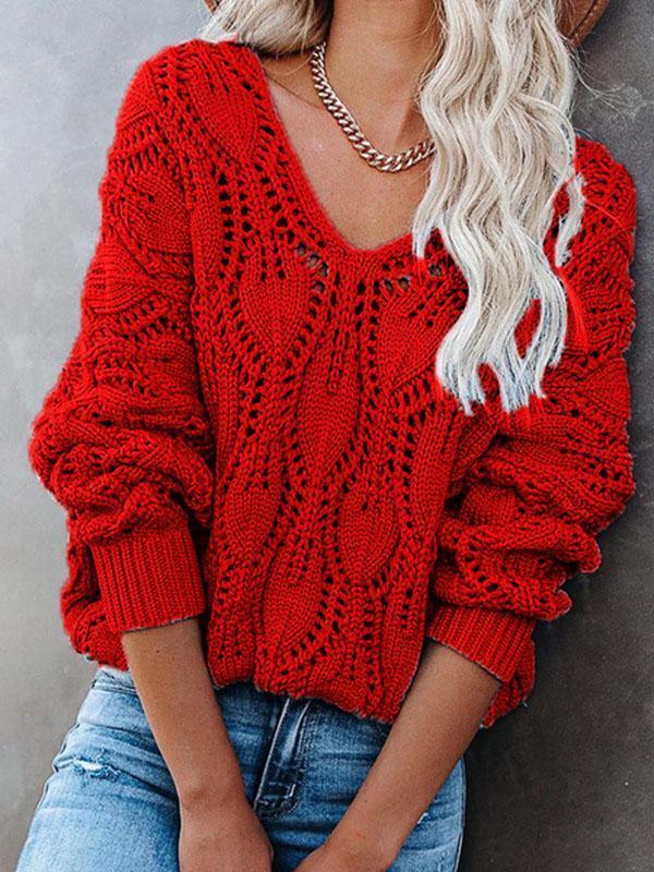 Hollow Out V-Neck Crochet Chunky Knit Sweater