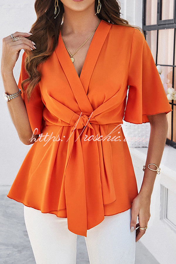 Solid Color Elegant Short Sleeve Strappy Tunic Top