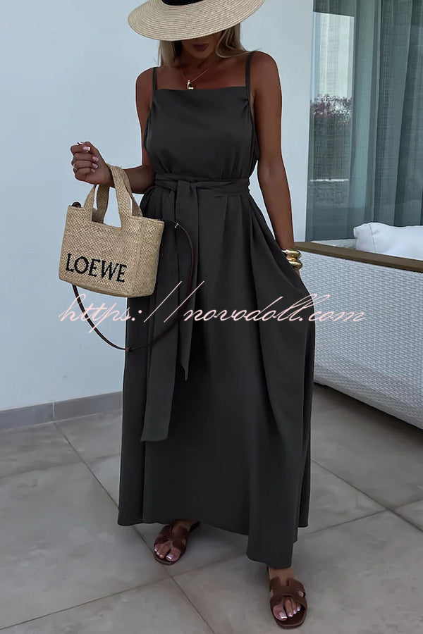 Long Story Solid Color Belted Pocket A-line Breathable Maxi Dress - Fashionpara