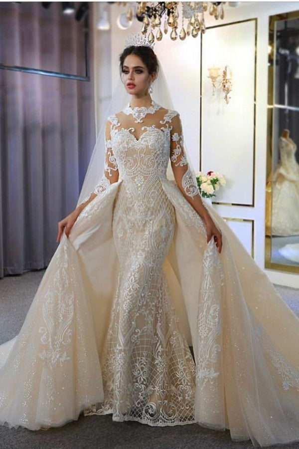 A-Line Sweetheart Bridal Gown Long Sleeves Floor-Length Lace Appliques