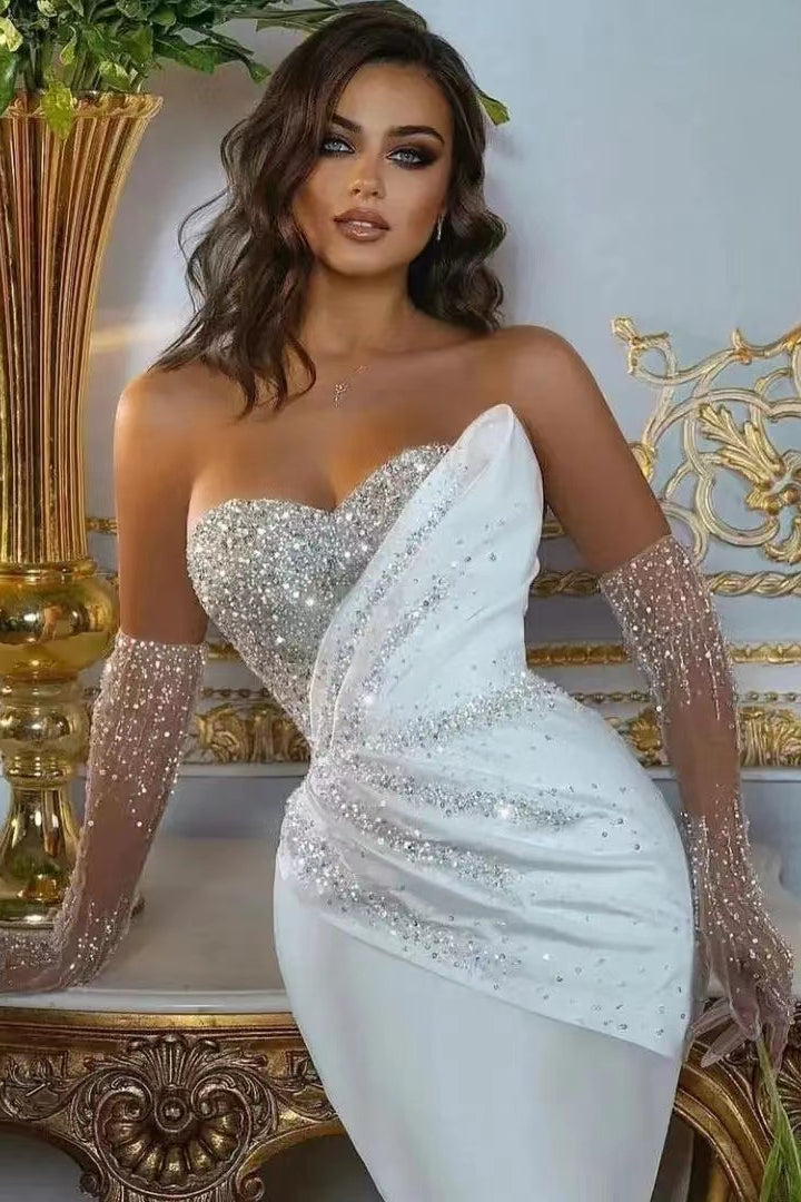 White Long Sleeve Sweetheart Beaded Mermaid Bridal Gown with Removable Skirt