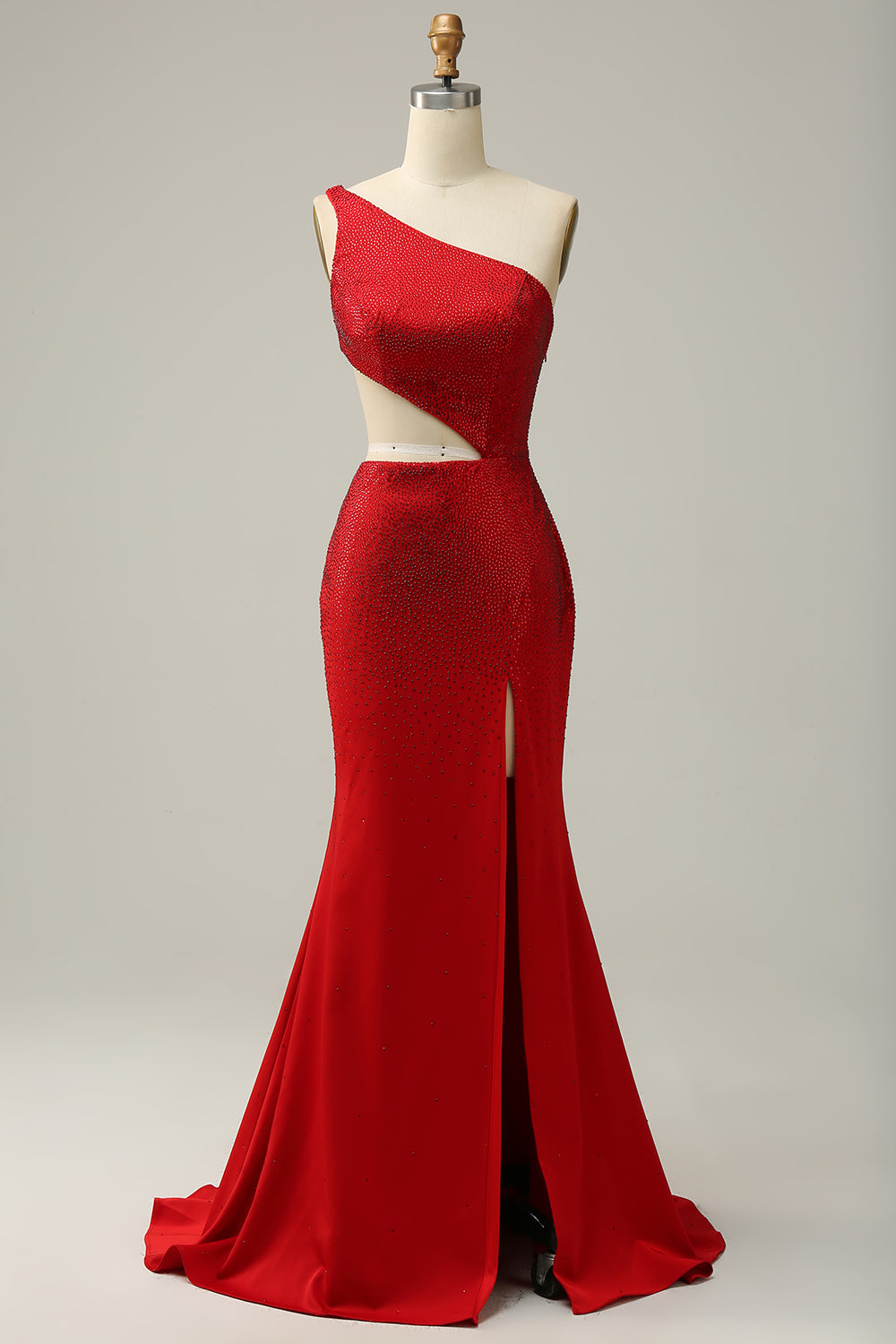 Mermaid One Shoulder Red Cut Out Prom Dress with Beading