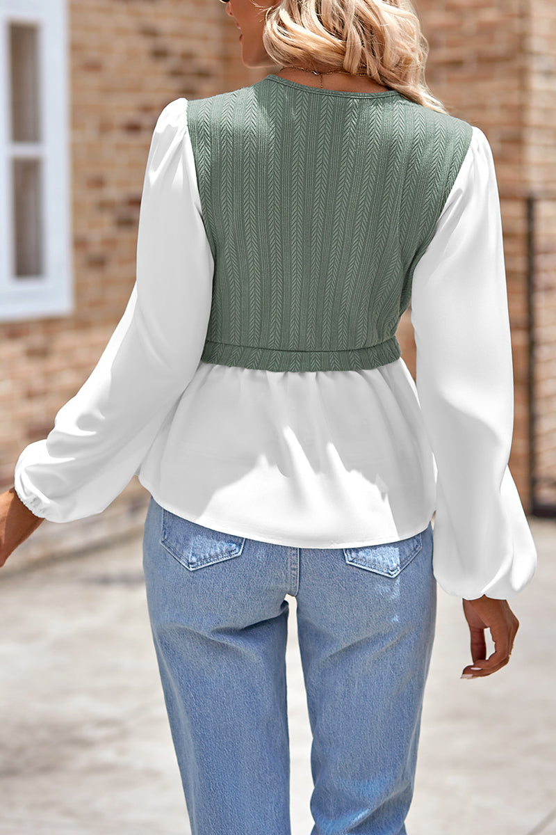 V-neck Patch Work Long-sleeved Top