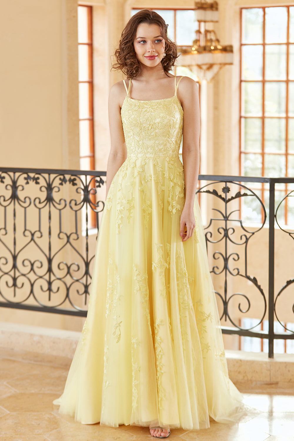 Gorgeous A Line Spaghetti Straps Yellow Long Prom Dress with Appliques