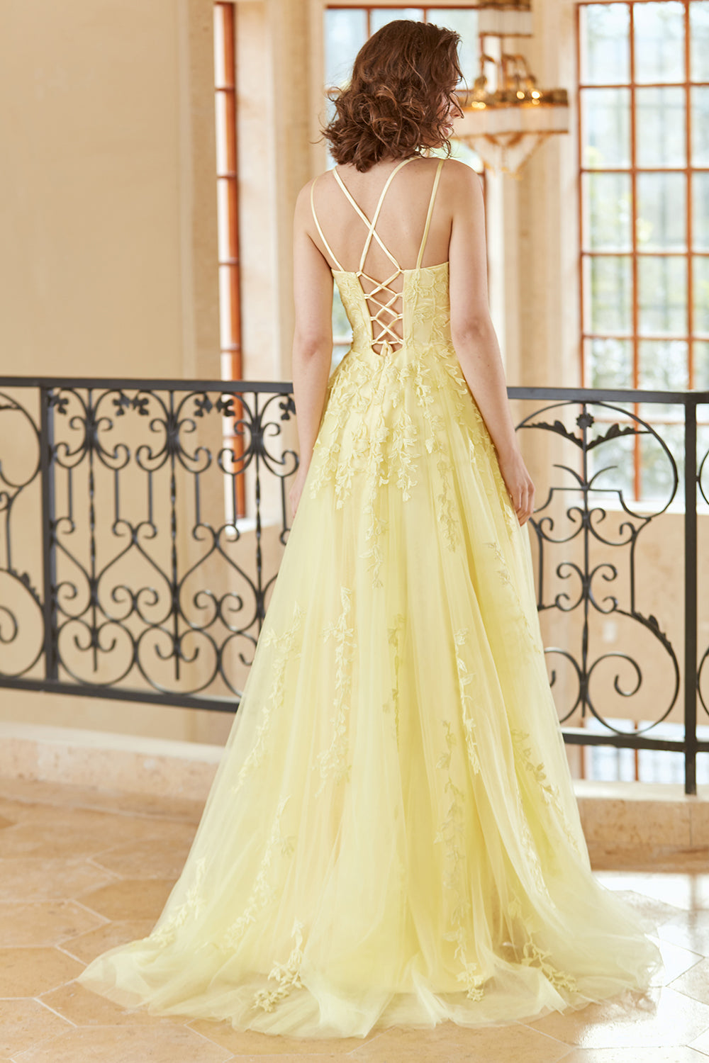 Gorgeous A Line Spaghetti Straps Yellow Long Prom Dress with Appliques