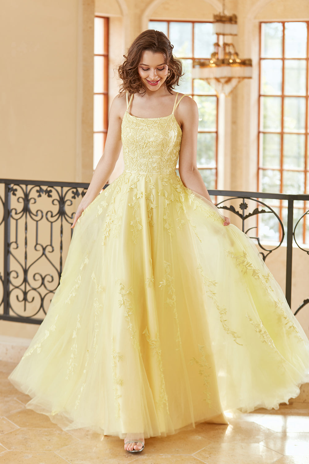 Gorgeous A Line Spaghetti Straps Yellow Long Prom Dress with Appliques