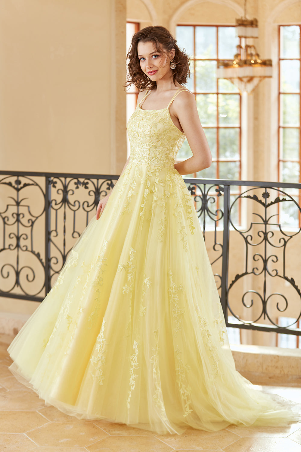 Gorgeous A Line Spaghetti Straps Yellow Long Prom Dress with Appliques