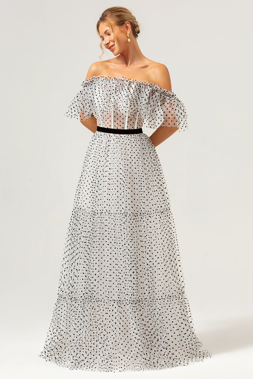 White Black A-Line Off The Shoulder Long Prom Dress with Dot