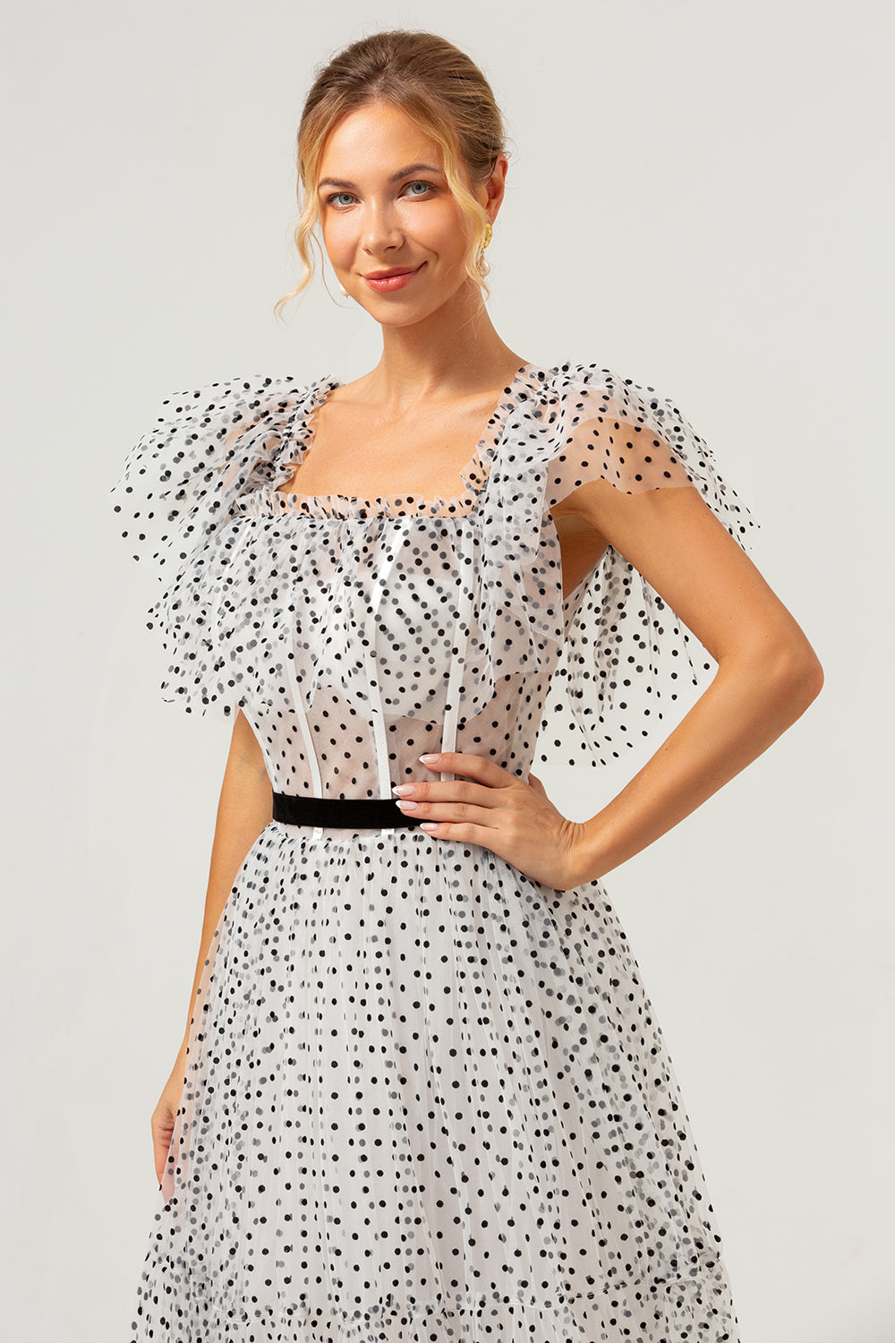 White Black A-Line Off The Shoulder Long Prom Dress with Dot