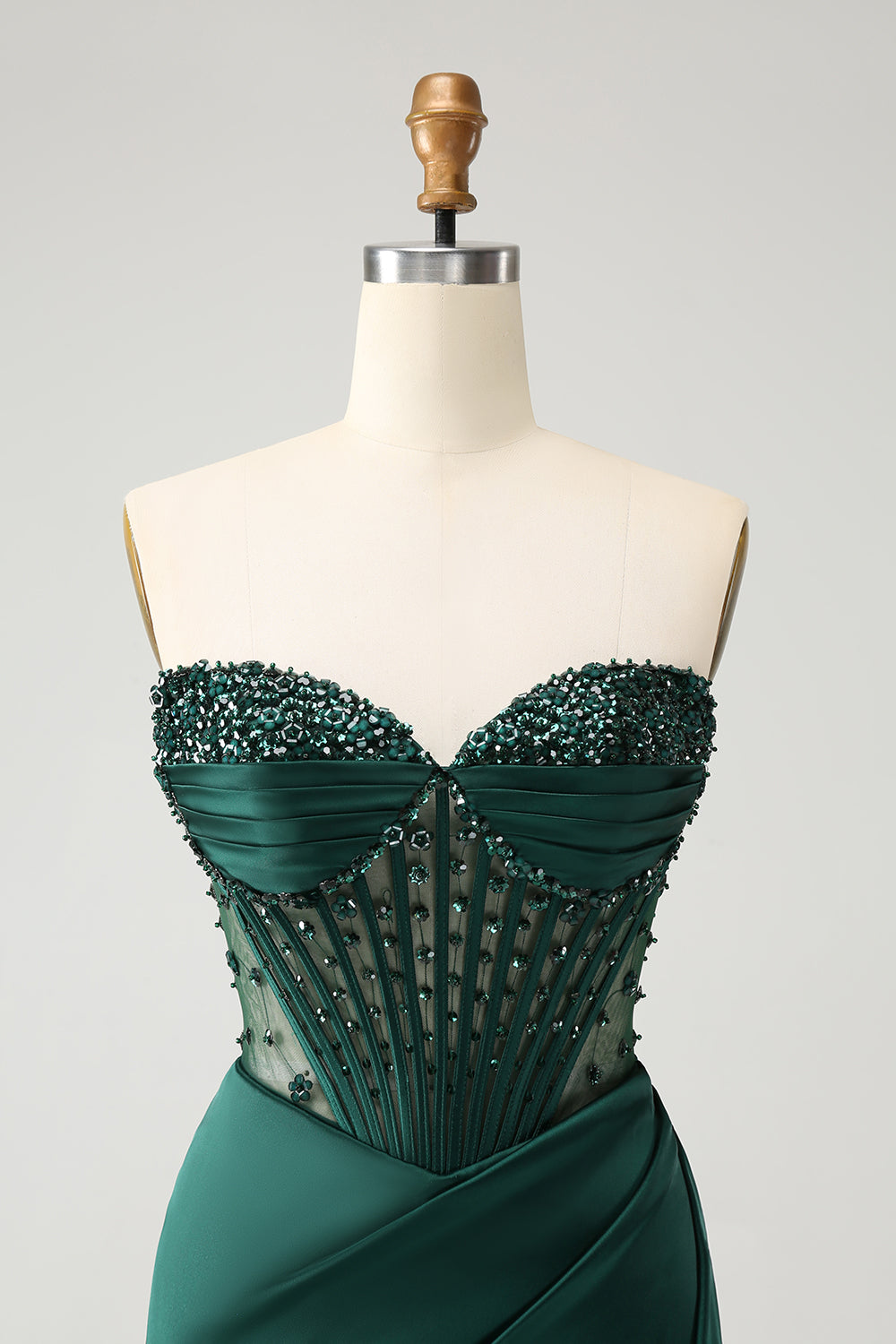 Sparkly Dark Green Mermaid Strapless Beaded Corset Long Prom Dress with Slit