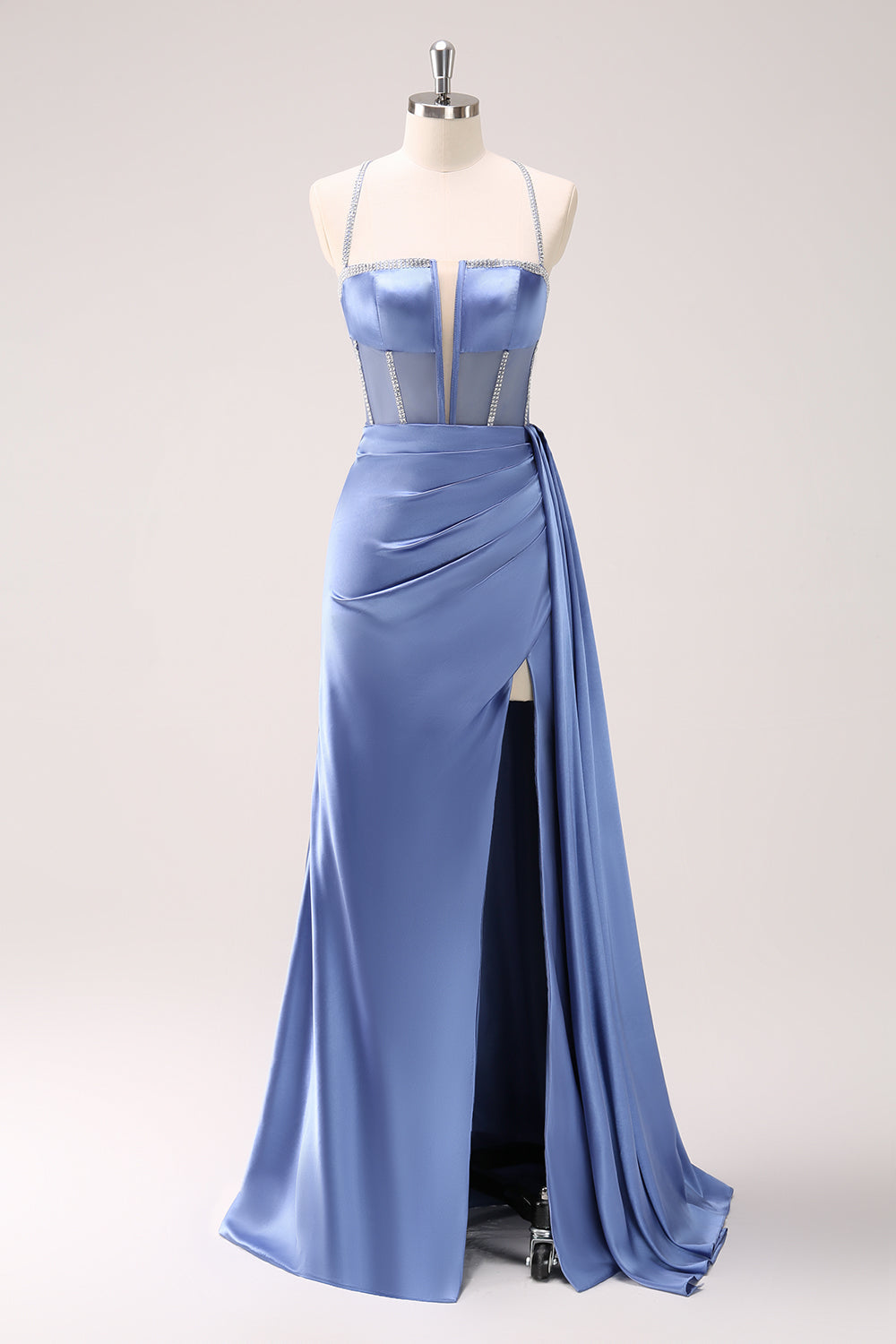 Sparkly Blue Spaghetti Straps Corset Prom Dress with Lace-Up Back