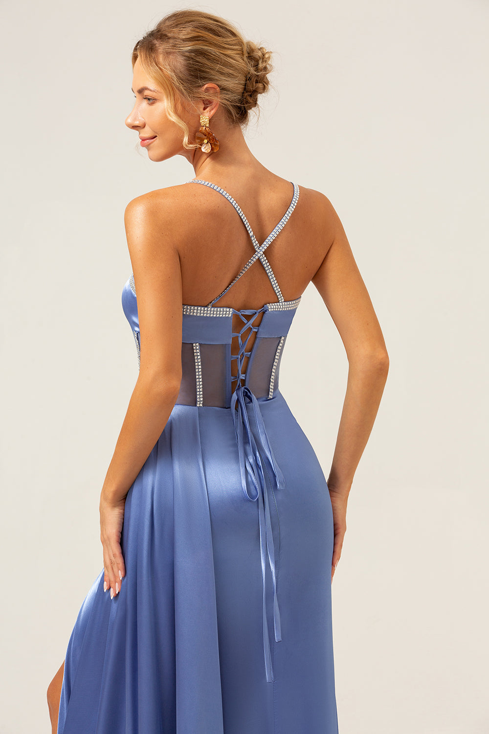 Sparkly Blue Mermaid Spaghetti Straps Corset Prom Dress with Lace-Up Back