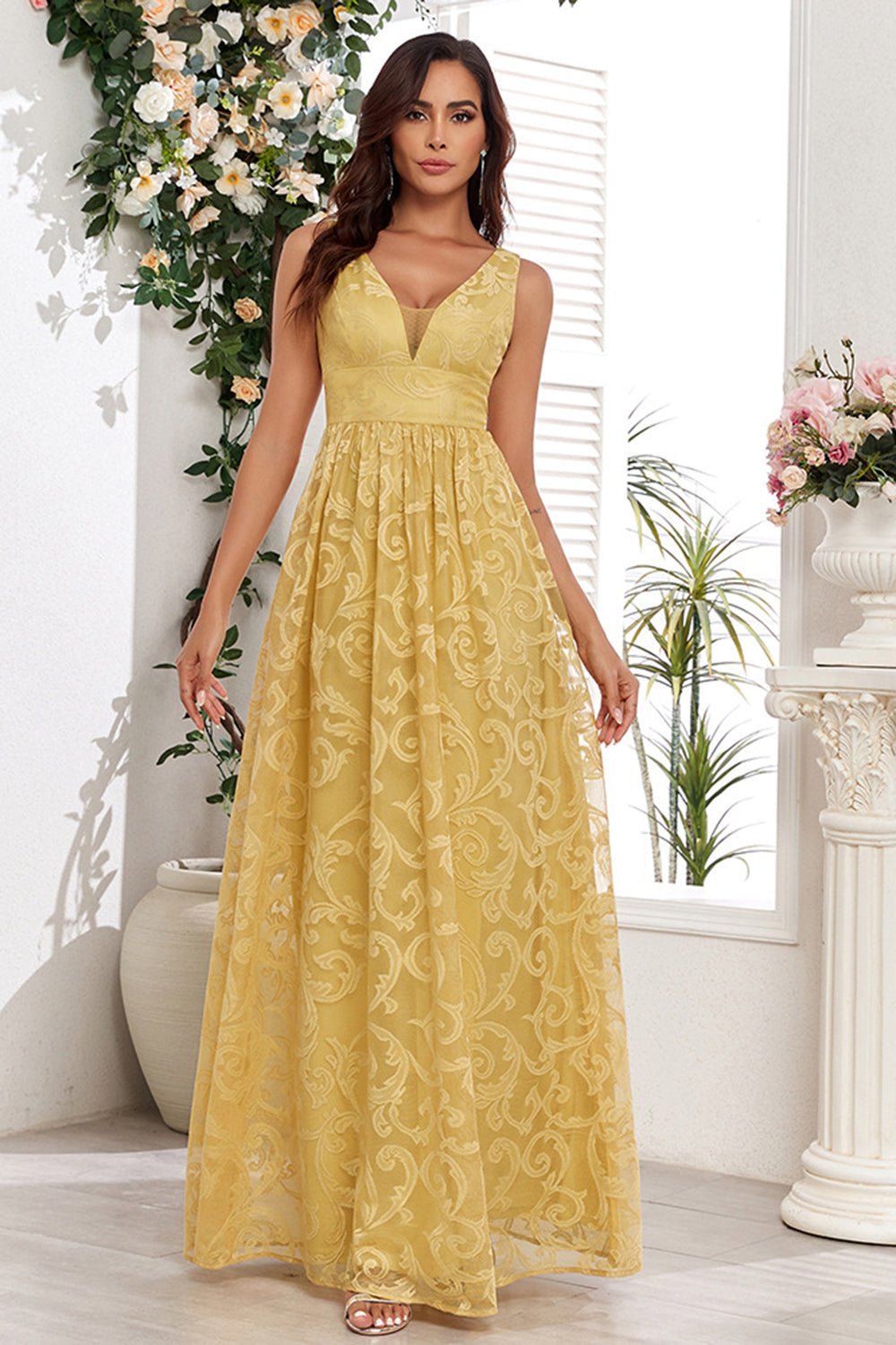 Yellow V-Neck Long Prom Dress With Appliques