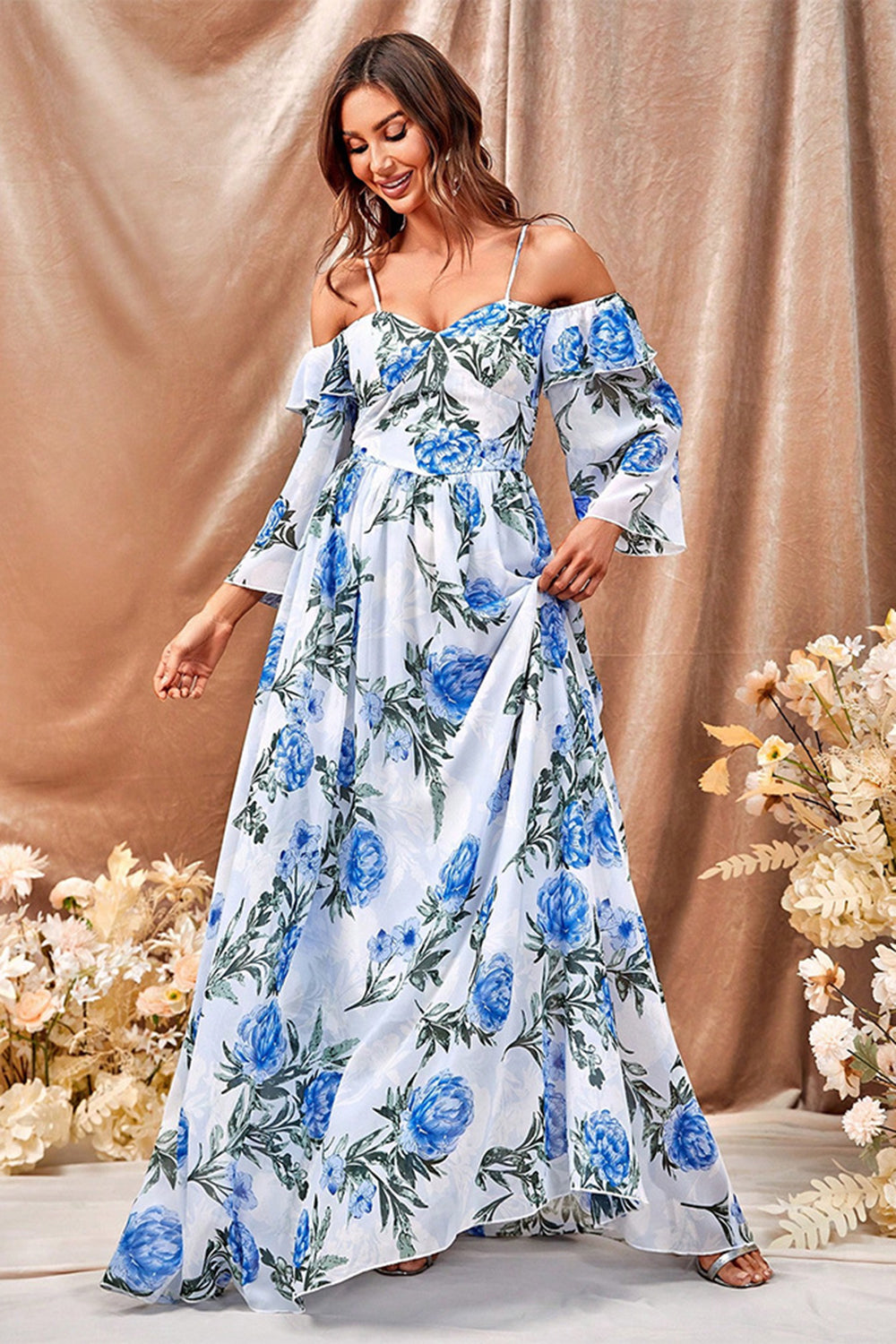 White Blue Flower A Line Long Prom Dress with Ruffled Sleeves