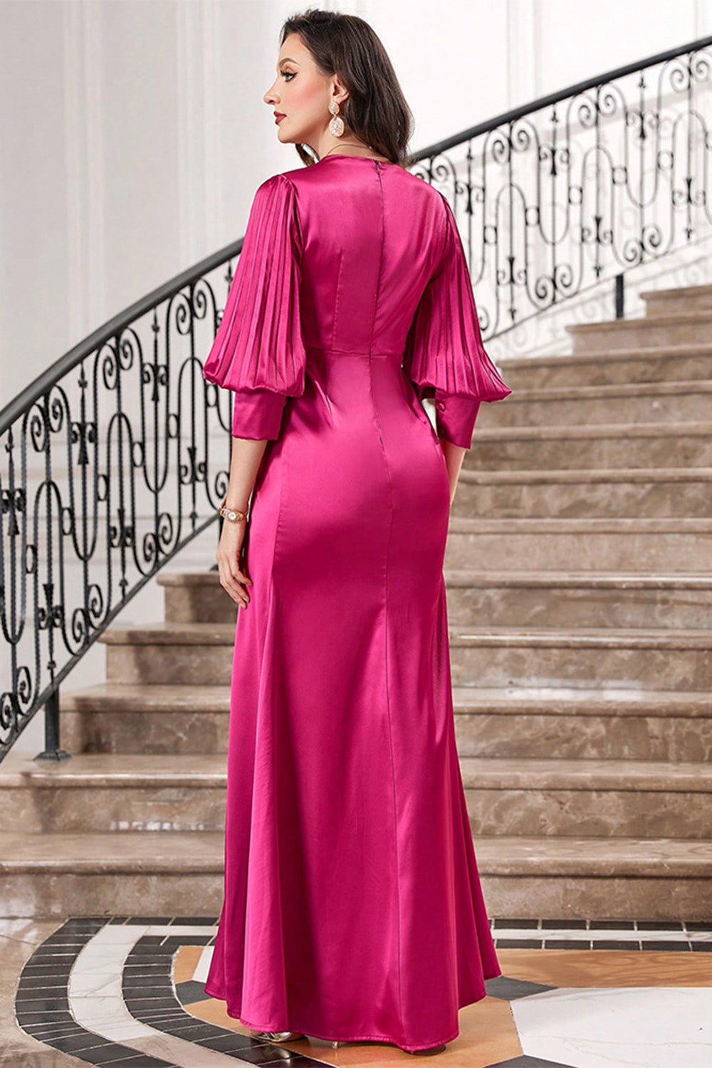 Fuchsia Pleated Long Prom Dress with Lantern Sleeves