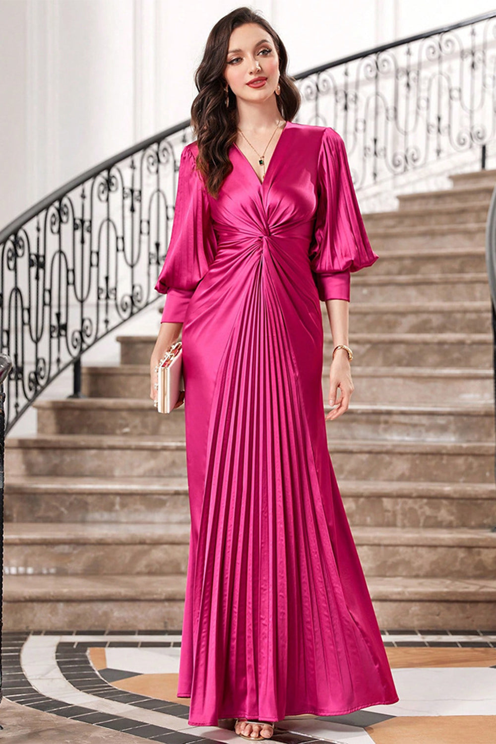 Fuchsia Pleated Long Prom Dress with Lantern Sleeves