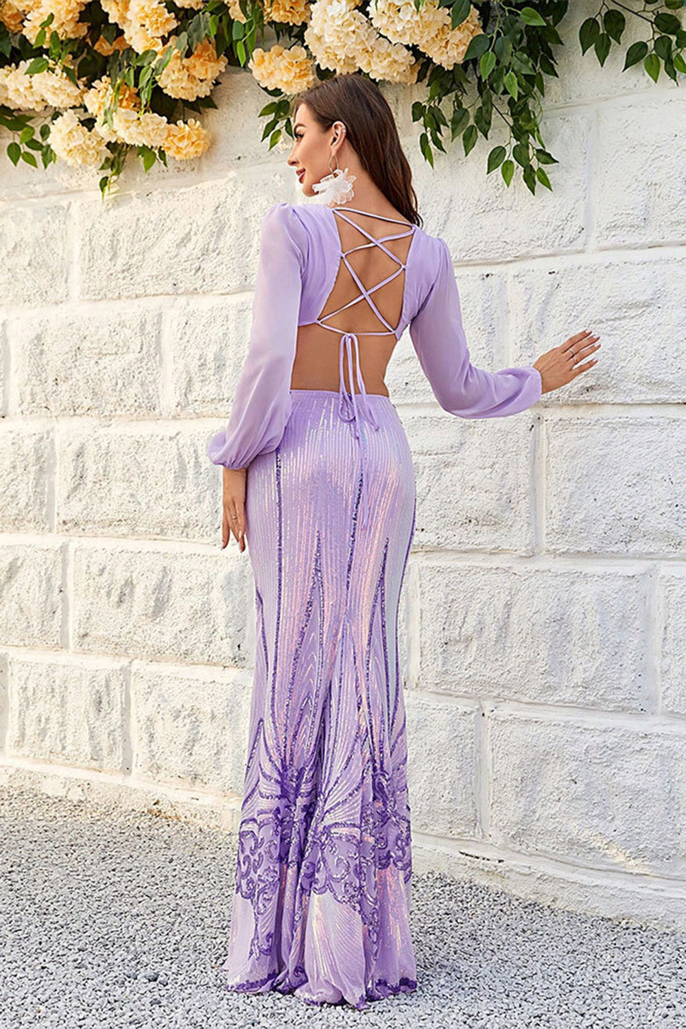 Purple Cut Out Sequins Long Sleeves Prom Dress with Lace-up Back