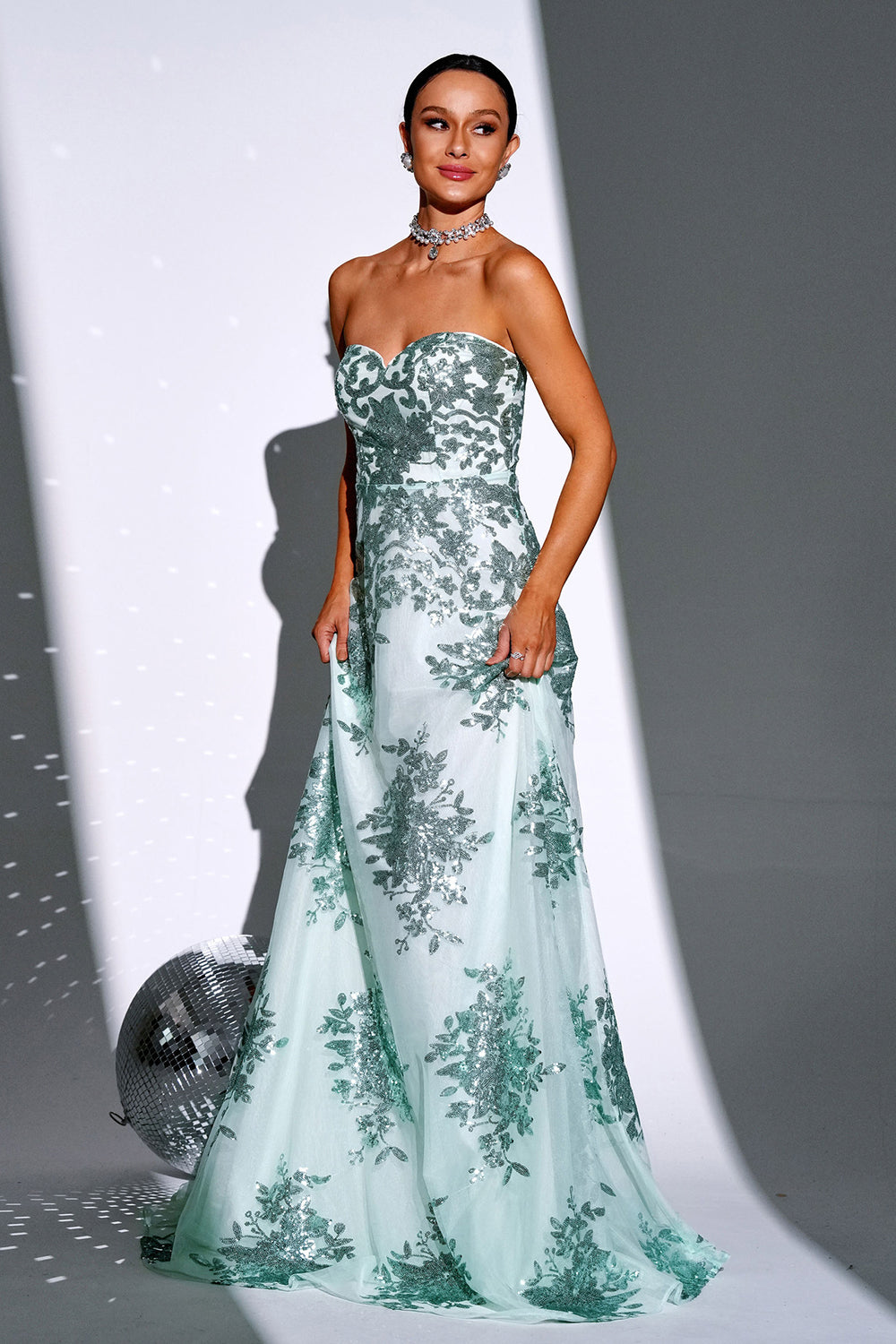 Sparkly Green A Line Sweetheart Long Prom Dress