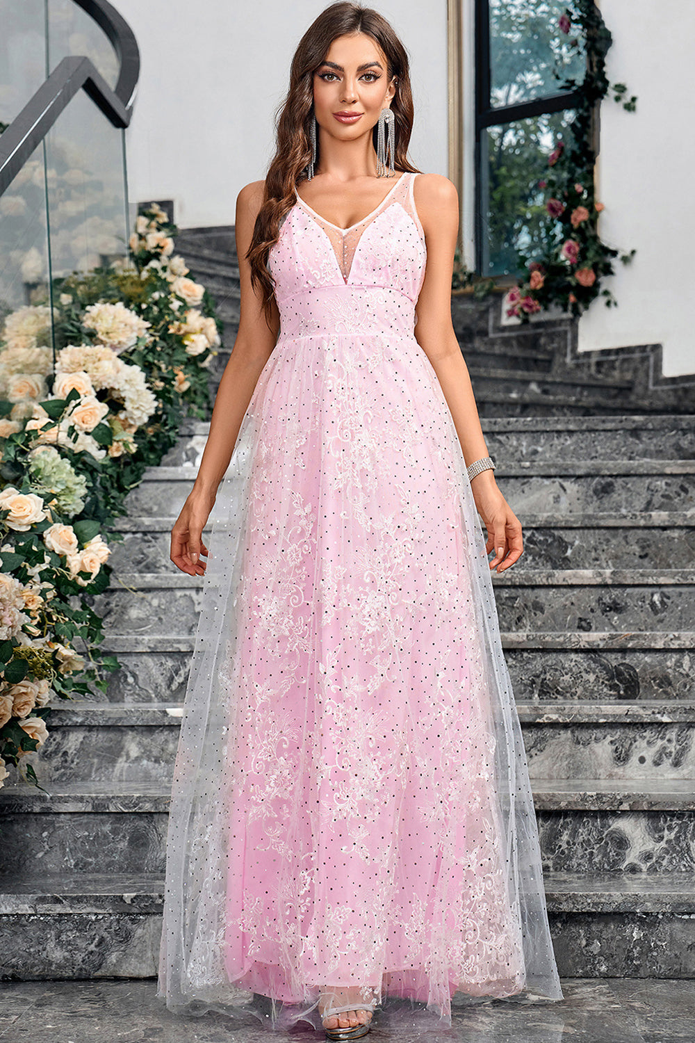 Sparkly Pink  A Line V-Neck Prom Dress