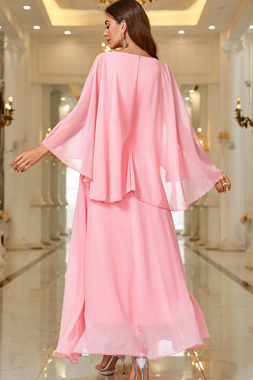 Elegant Pink A Line V Neck Shawl Sleeve Long Formal Dress