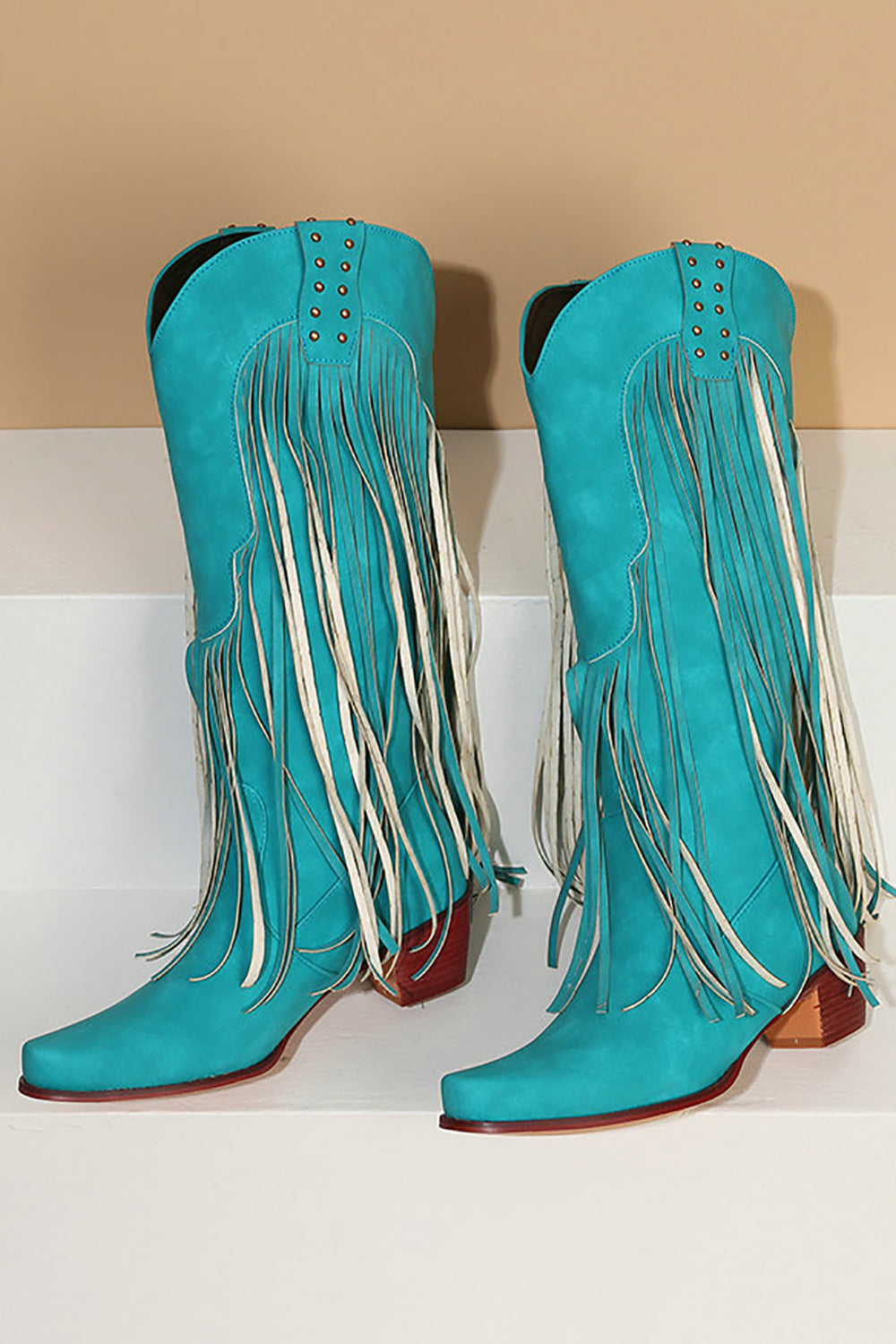 Blue Pointed Toe Wood Grain Thick Heel Boots with Tassel