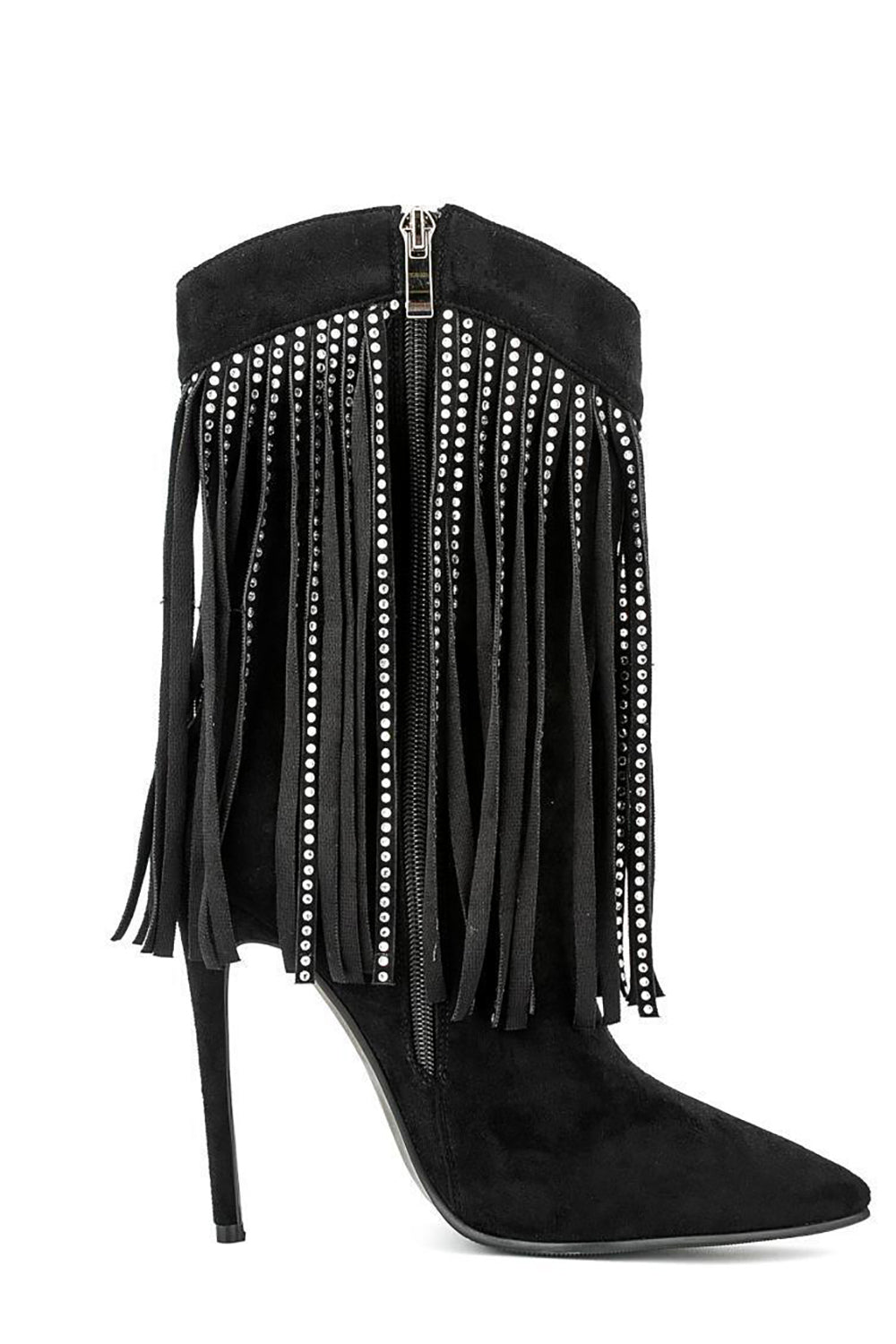 Black Suede Rhinestone Fringed Stiletto Heels Ankle Boots