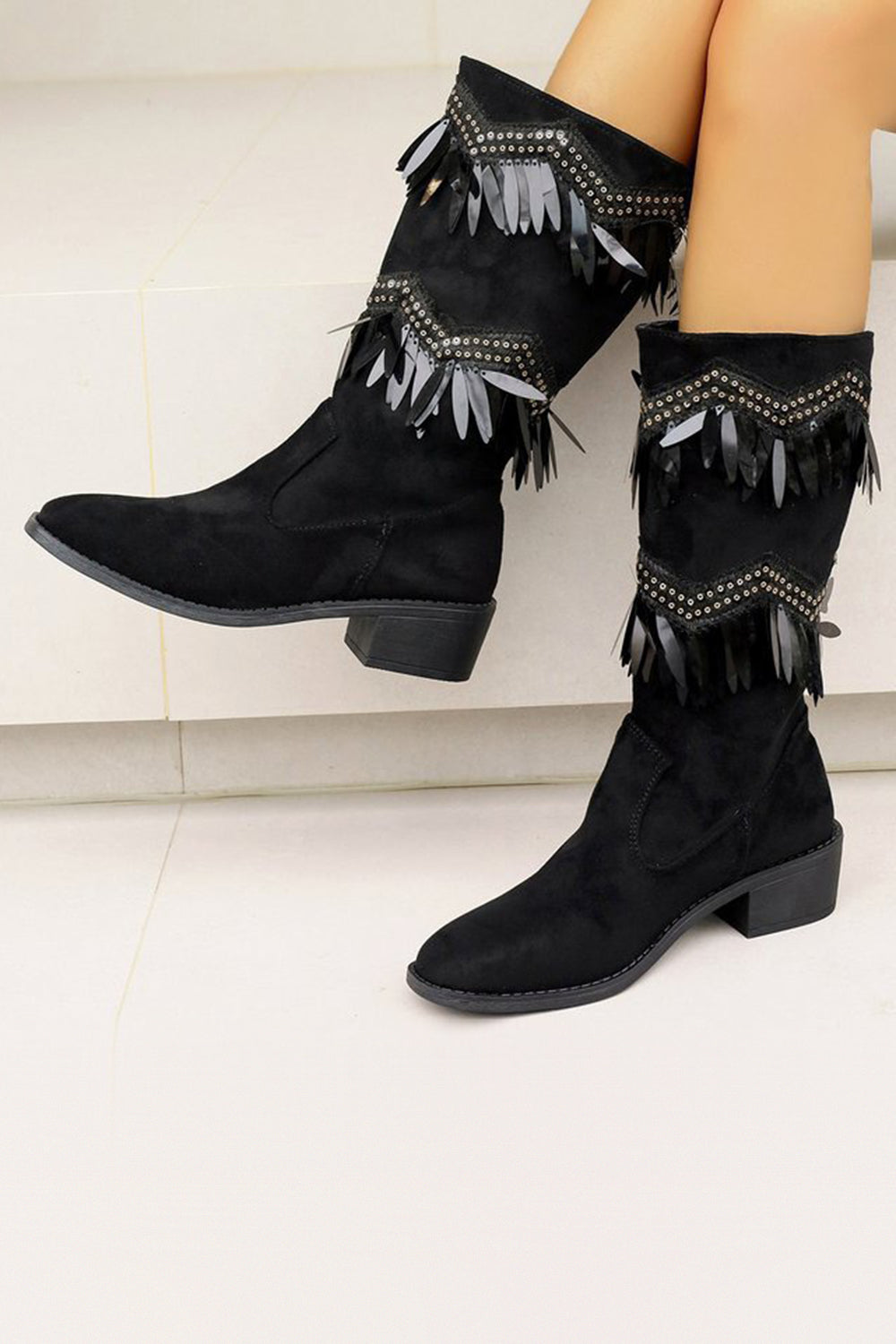 Black Pointed Toe Chunky Heel Boots For Fall Winter