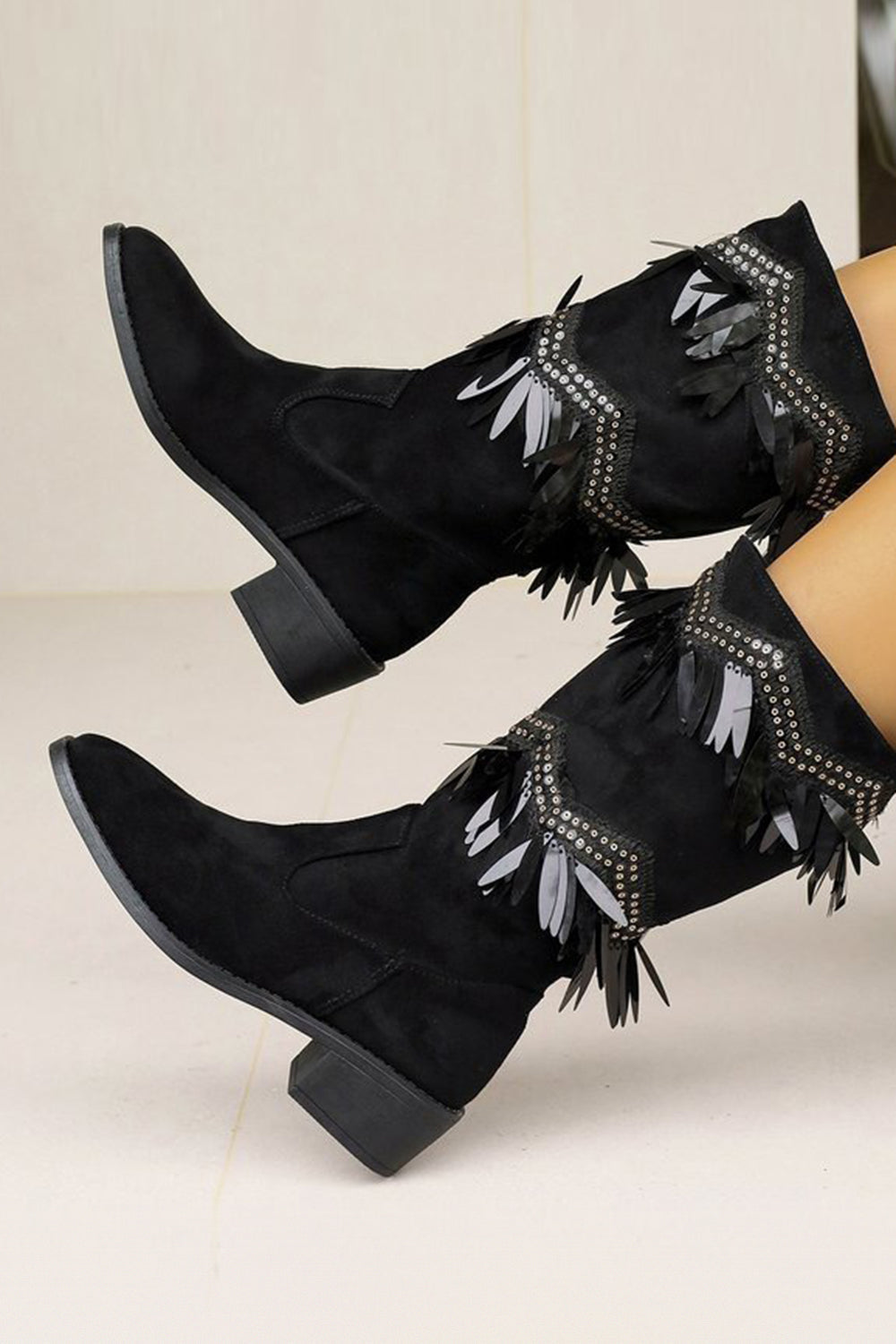 Black Pointed Toe Chunky Heel Boots For Fall Winter