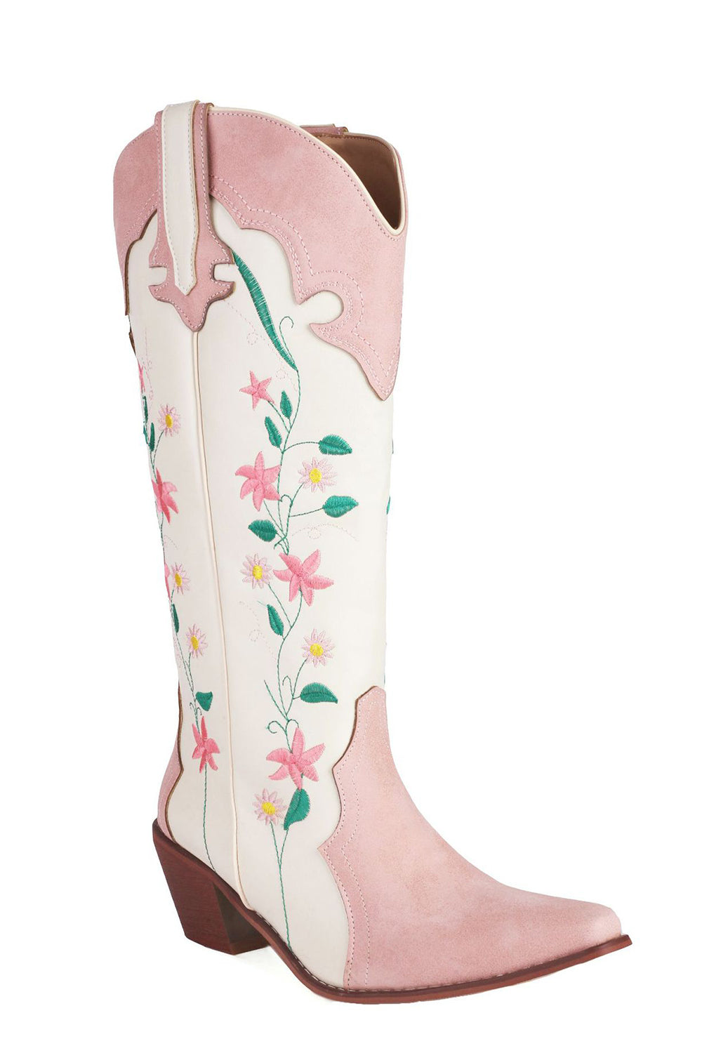 White Embroidered Knee High Wide Calf Chunky Heel Cowgirl Boots