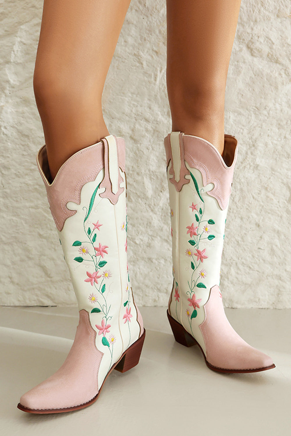 White Embroidered Knee High Wide Calf Chunky Heel Cowgirl Boots