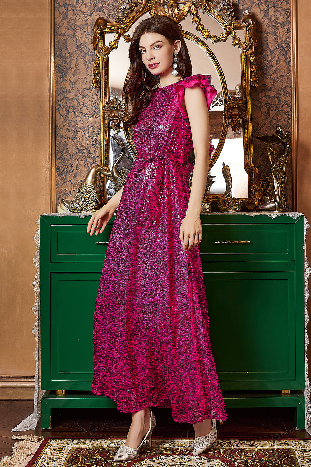 Fuchsia Ruffle Sleeves Long Prom Dress