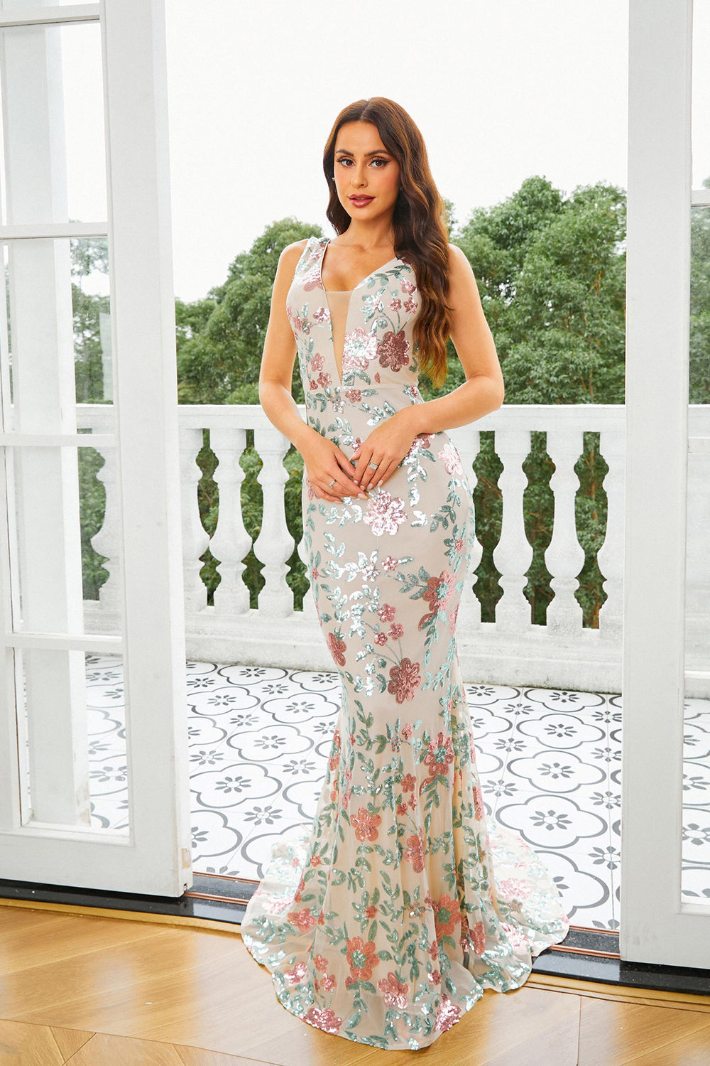 Apricot Floral Mermaid Long Prom Dress