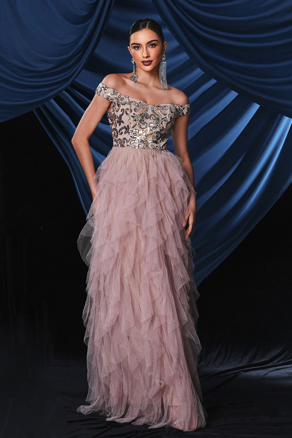 Sparkly Pink Off The Shoulder Tiered Prom Dress