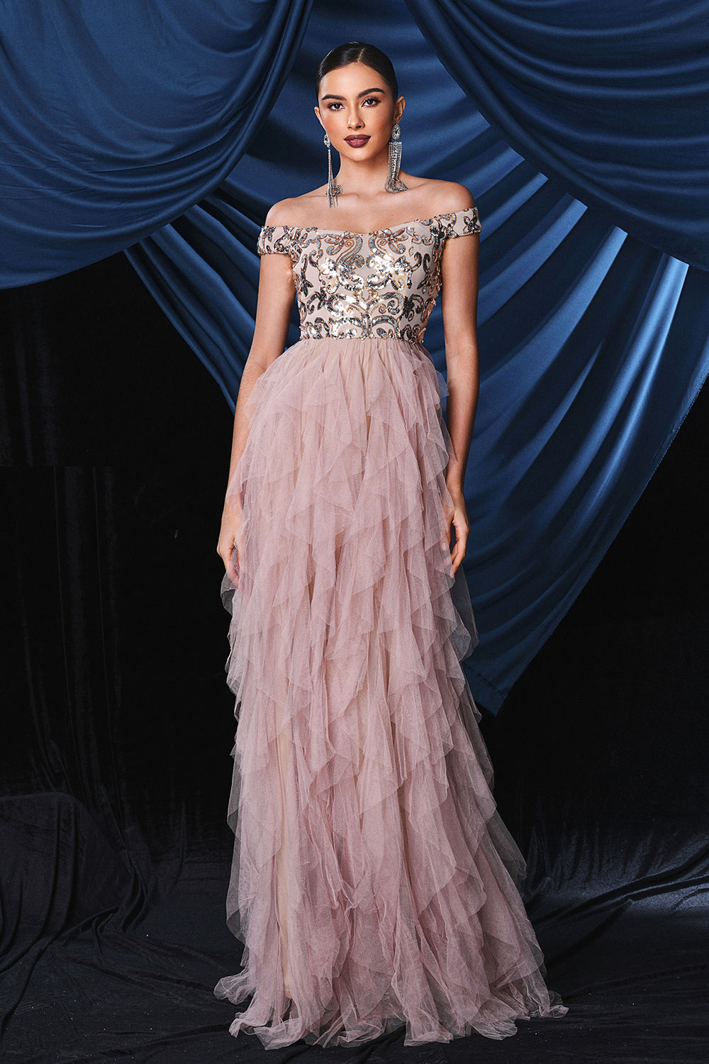 Sparkly Pink Off The Shoulder Tiered Prom Dress