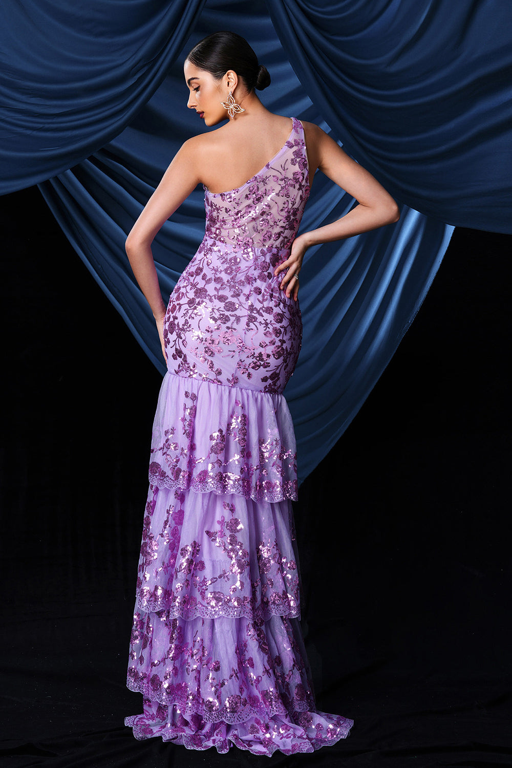 Sparkly Purple One Shoulder Long Prom Dress With Slit