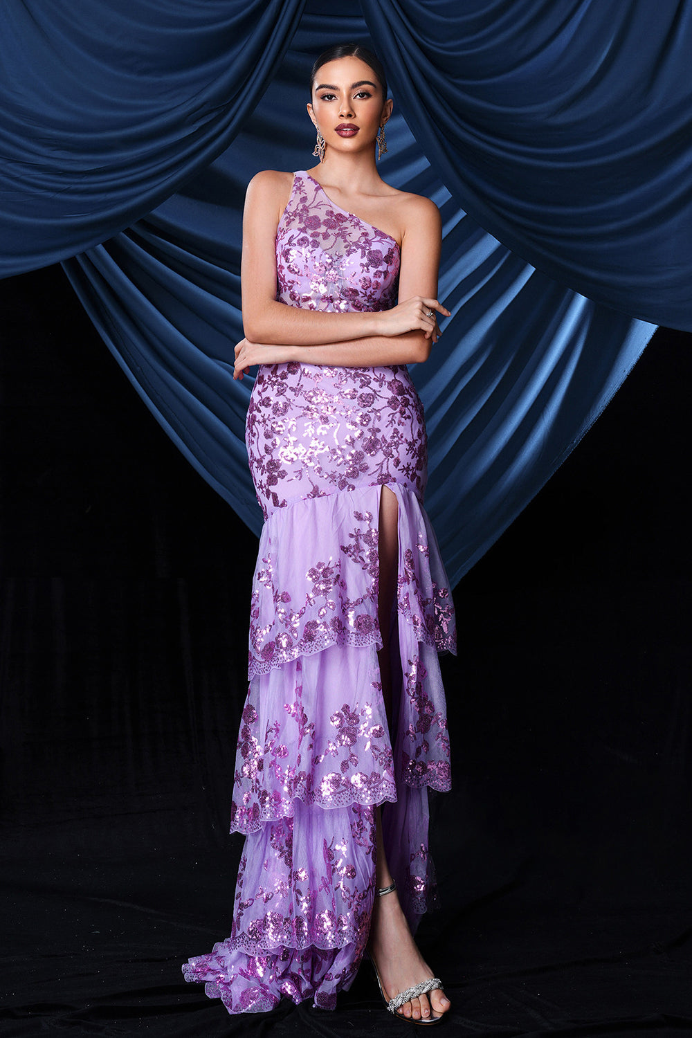 Sparkly Purple One Shoulder Long Prom Dress With Slit