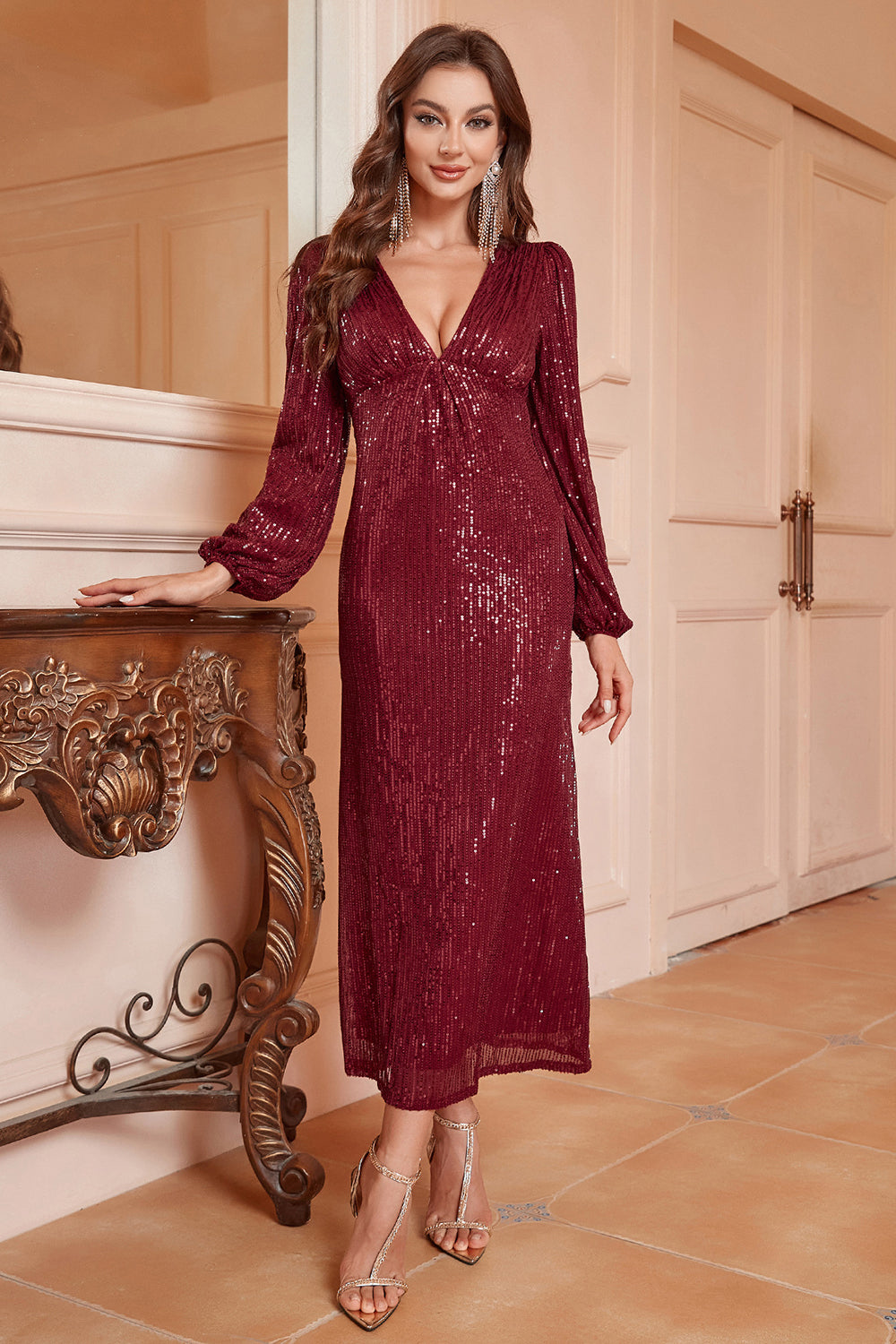 Sparkly Burgundy V-Neck Prom Dress With Long Sleeves