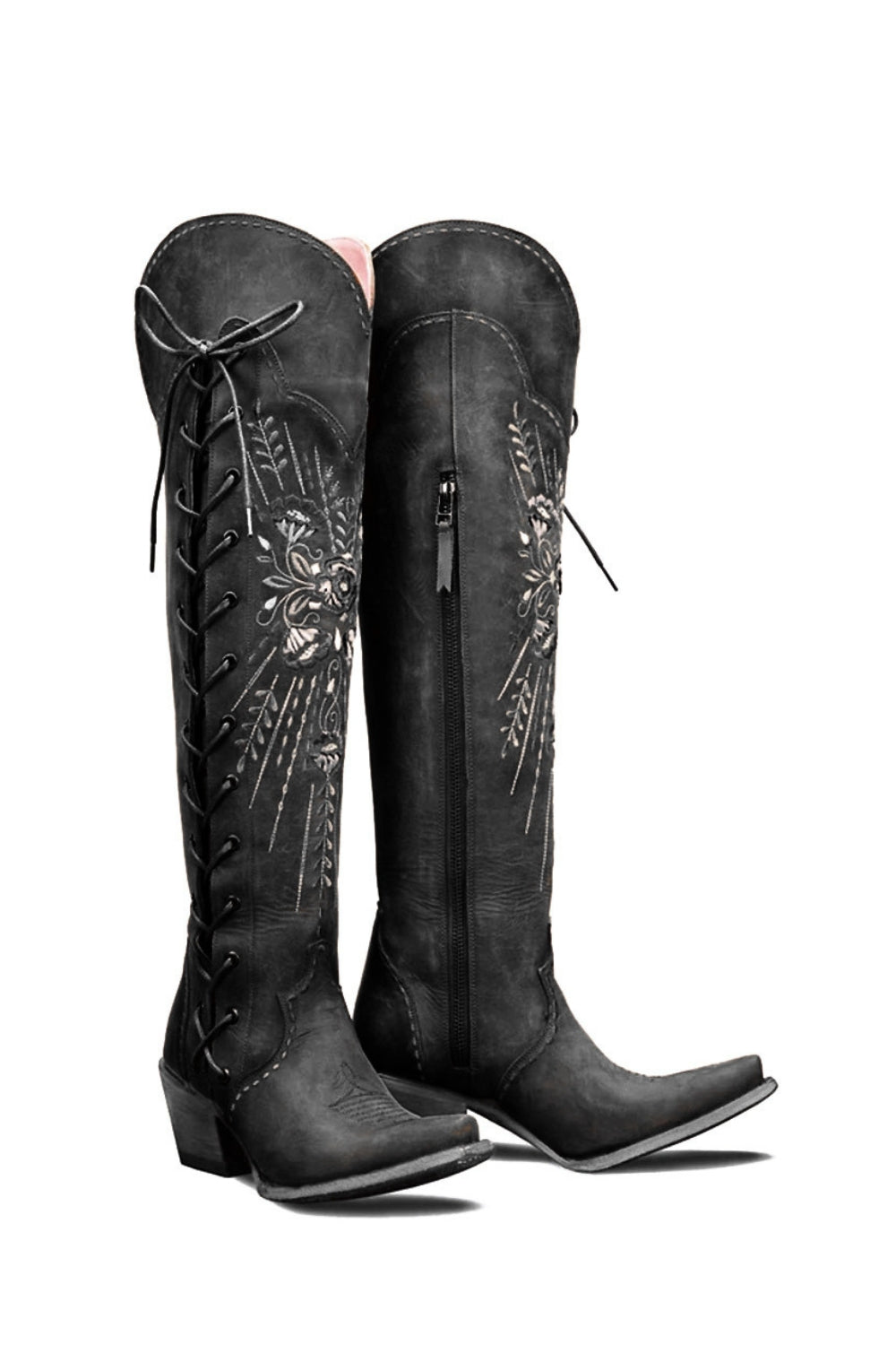 Black Pointed Toe Embroidered Mid-Length Cowgirl Boots