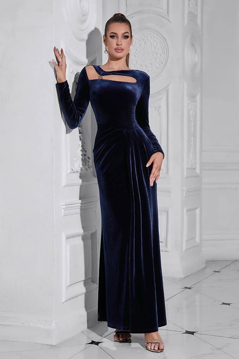 Dark Blue Long Sleeves Velvet Prom Dress with Slit