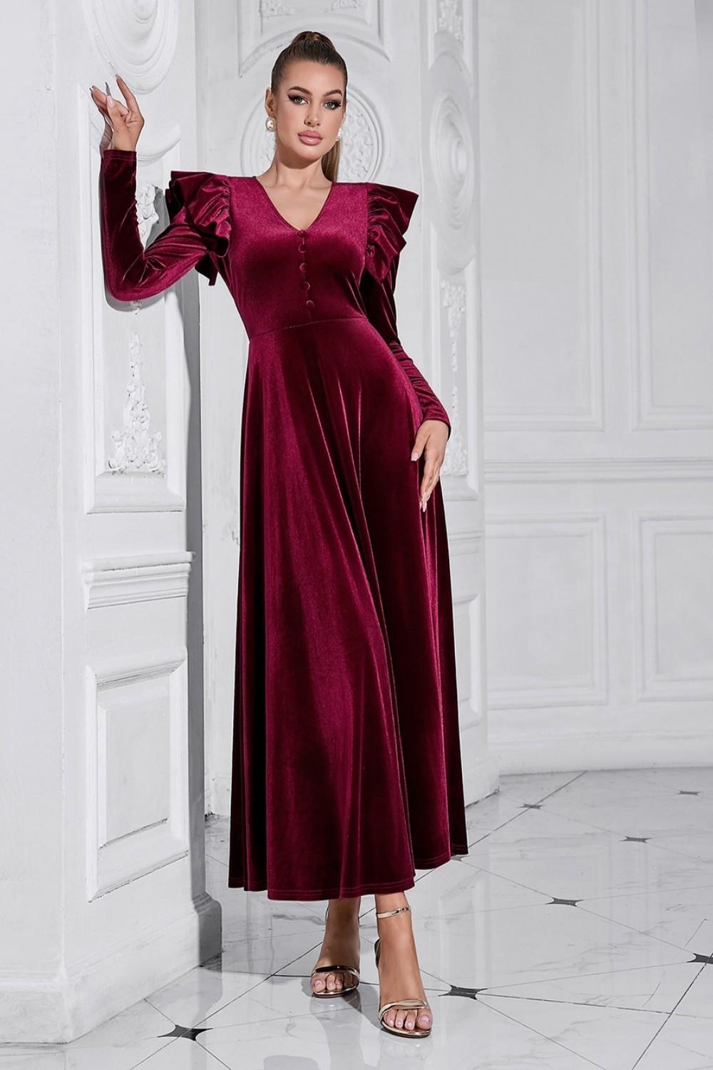 A Line V Neck Burgundy Ruffled Long Velvet Prom Dress