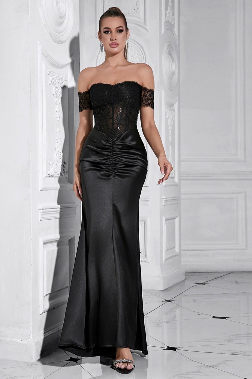 Black Mermaid Off the Shoulder Ruched Corset Long Prom Dress