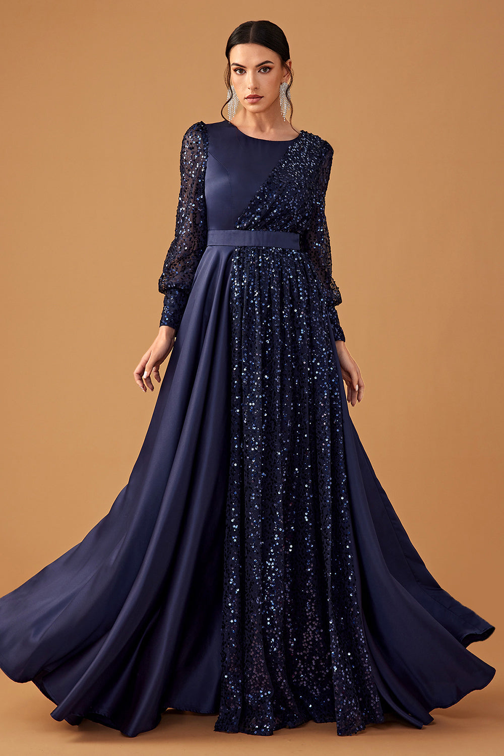 Glitter Sequins Navy A Line Long Prom Dress with Long Sleeves