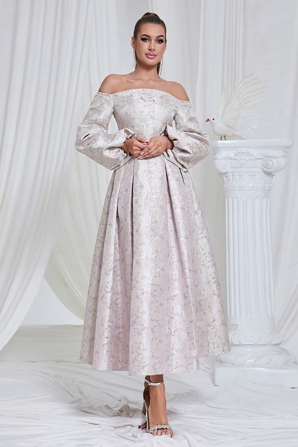 Lilac Pleated Off the Shoulder A Line Long Prom Dress with Long Sleeves