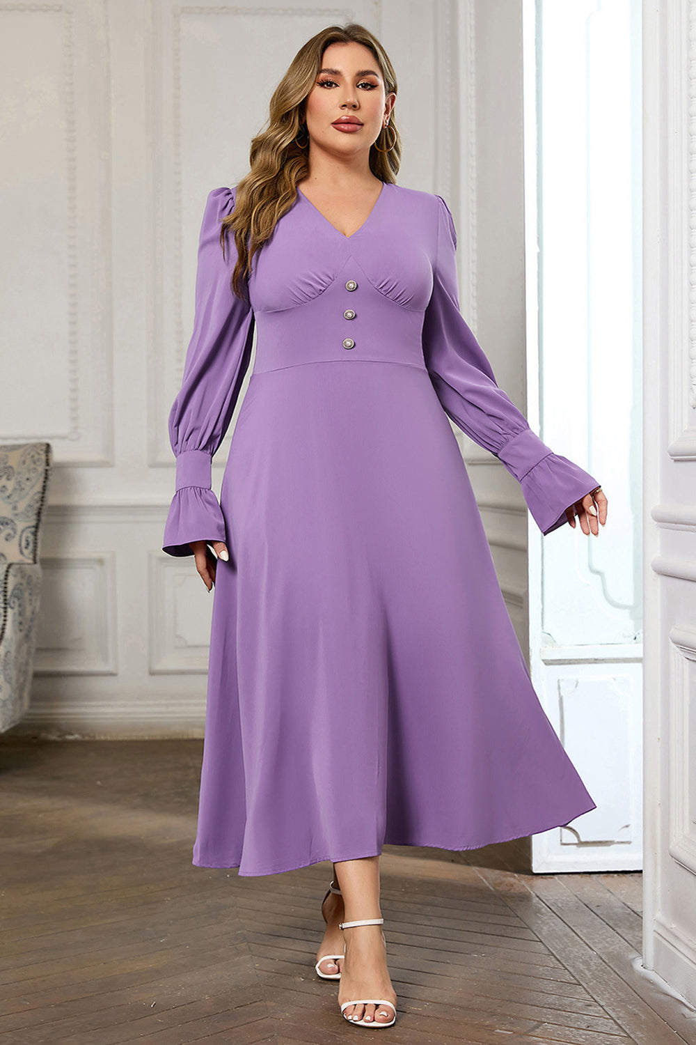 Violet V Neck Long Sleeve Plain Midi Bodycon Prom Dress