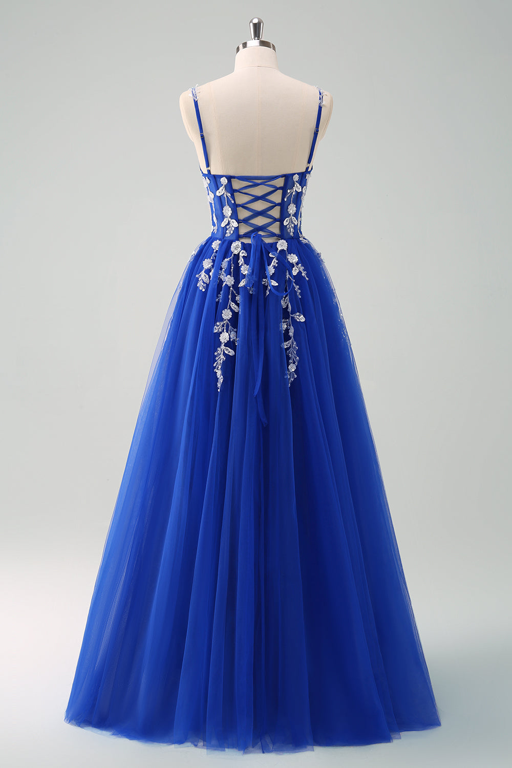 Sparkly A-Line Royal Blue Spaghetti Straps Corset Long Prom Dress