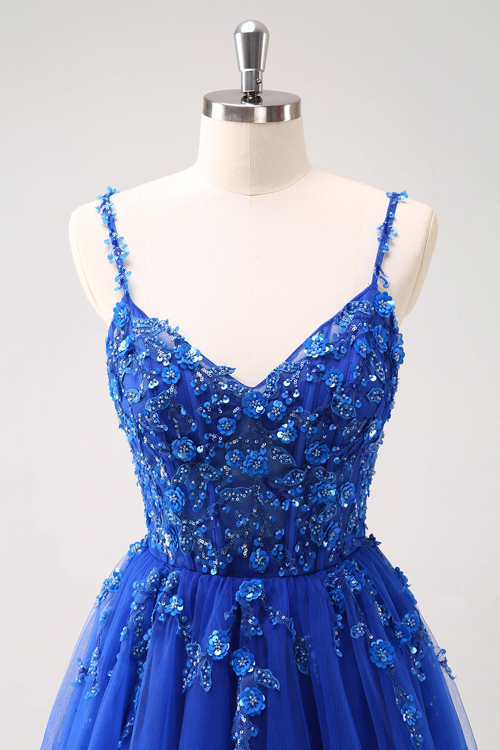 Sparkly A-Line Royal Blue Spaghetti Straps Corset Long Prom Dress